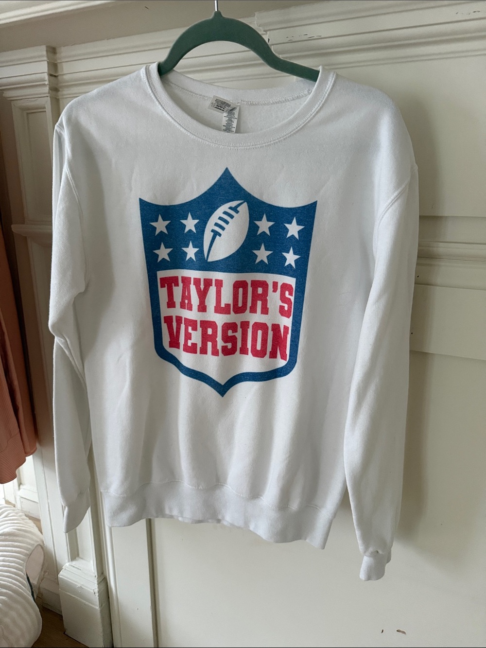 Jerzees White Crewneck Sweatshirt with Blue & Red Crest